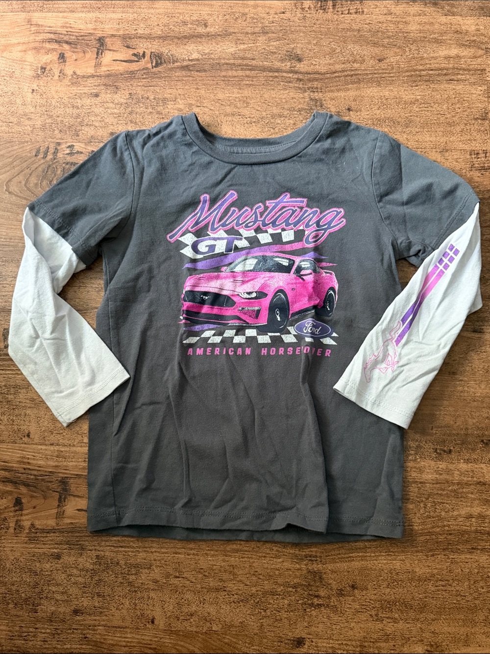 Ford Gray Long Sleeve Tee with Pink Mustang Graphic and White Layered Sleeves
